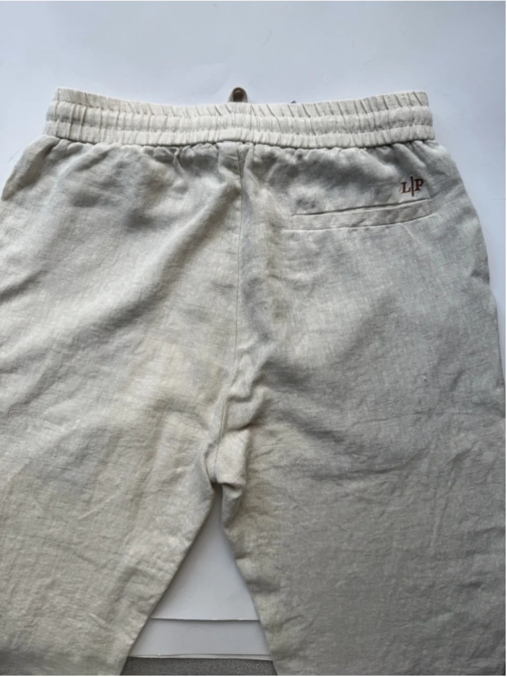 Loro Piana Linen Blend Beige Drawstring Pants Embroidered Crest